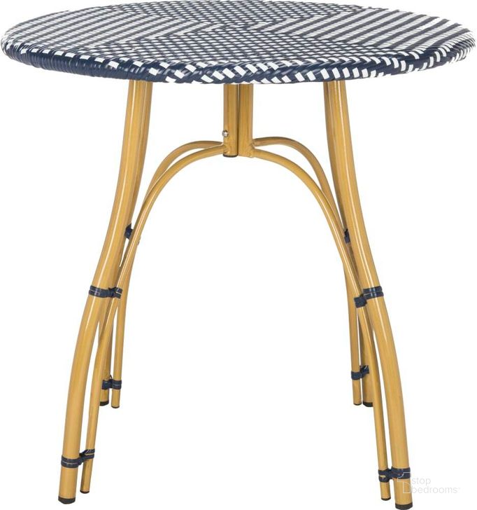 The appearance of Kylie Navy and White Rattan Bistro Table designed by Safavieh in the transitional interior design. This white navy piece of furniture  was selected by 1StopBedrooms from Kylie Collection to add a touch of cosiness and style into your home. Sku: PAT4011A. Product Type: Table. Material: Aluminium. Image1