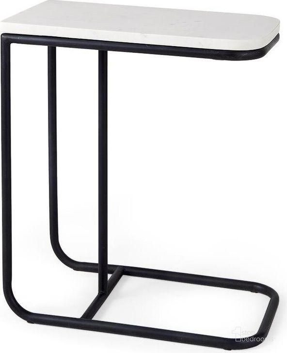 The appearance of Kyra White Marble Top With Black Iron Frame C-Shaped End And Side Table designed by Mercana in the modern / contemporary interior design. This white and black piece of furniture  was selected by 1StopBedrooms from Kyra Collection to add a touch of cosiness and style into your home. Sku: 69212. Material: Metal. Product Type: End Table. Image1