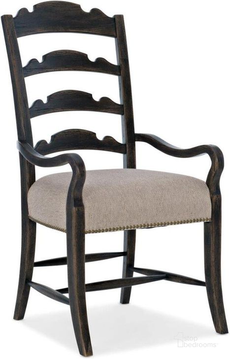 The appearance of La Grange Twin Sisters Ladderback Arm Chair set of 2 designed by Hooker in the traditional interior design. This dark wood piece of furniture  was selected by 1StopBedrooms from La Grange Collection to add a touch of cosiness and style into your home. Sku: 6960-75301-89. Material: Fabric. Product Type: Arm Chair. Image1