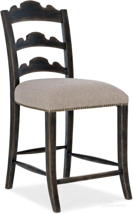 The appearance of La Grange Twin Sisters Ladderback Counter Stool designed by Hooker in the traditional interior design. This dark wood piece of furniture  was selected by 1StopBedrooms from La Grange Collection to add a touch of cosiness and style into your home. Sku: 6960-75351-89. Material: Fabric. Product Type: Counter Height Chair. Image1