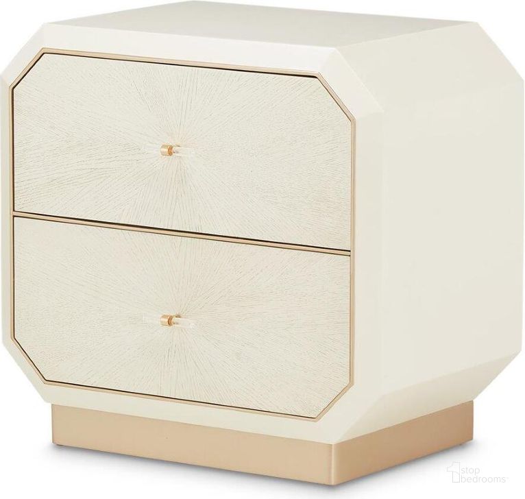 The appearance of La Rachelle 2 Drawer Nightstand In Champagne designed by AICO in the modern / contemporary interior design. This champagne piece of furniture  was selected by 1StopBedrooms from La Rachelle Collection to add a touch of cosiness and style into your home. Sku: 9034042-136. Material: Wood. Product Type: Nightstand. Image1