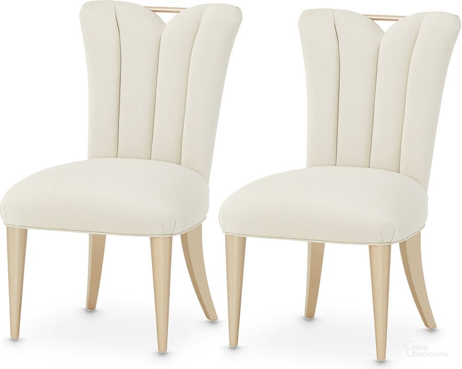 The appearance of La Rachelle Dining Side Chair Set of 2 In Champagne designed by AICO in the modern / contemporary interior design. This champagne piece of furniture  was selected by 1StopBedrooms from La Rachelle Collection to add a touch of cosiness and style into your home. Sku: 9034003-136. Material: Wood. Product Type: Side Chair. Image1