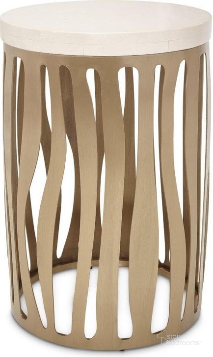 The appearance of La Rachelle Round Chair Side Table In Chardonnay designed by AICO in the modern / contemporary interior design. This champagne piece of furniture  was selected by 1StopBedrooms from La Rachelle Collection to add a touch of cosiness and style into your home. Sku: 9034226-822. Material: Metal. Product Type: Side Table. Image1