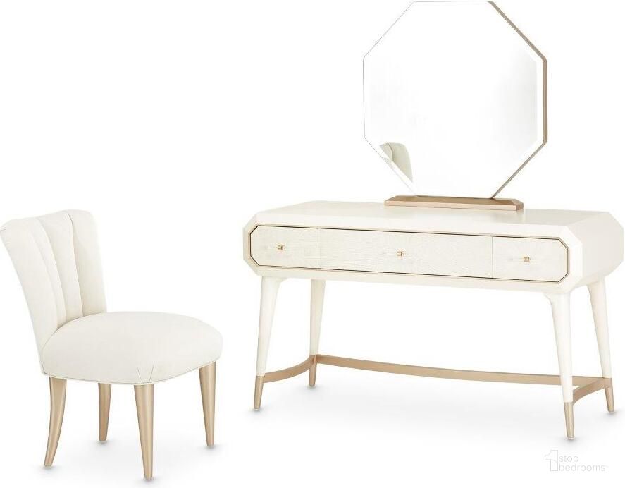 The appearance of La Rachelle Vanity with Mirror and Chair In Champagne designed by AICO in the modern / contemporary interior design. This champagne piece of furniture  was selected by 1StopBedrooms from La Rachelle Collection to add a touch of cosiness and style into your home. Sku: 9034058-136;9034068-136;9034244-136. Material: Wood. Product Type: Vanity Mirror.