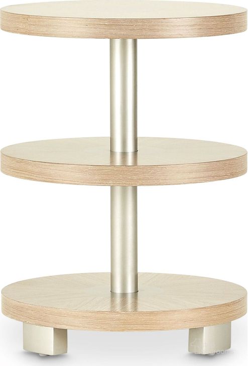 The appearance of Laguna Ridge Round Chair Side Table In Washed Oak designed by AICO in the modern / contemporary interior design. This beige piece of furniture  was selected by 1StopBedrooms from Laguna Collection to add a touch of cosiness and style into your home. Sku: 9083222-129. Material: Wood. Product Type: Chairside Table.