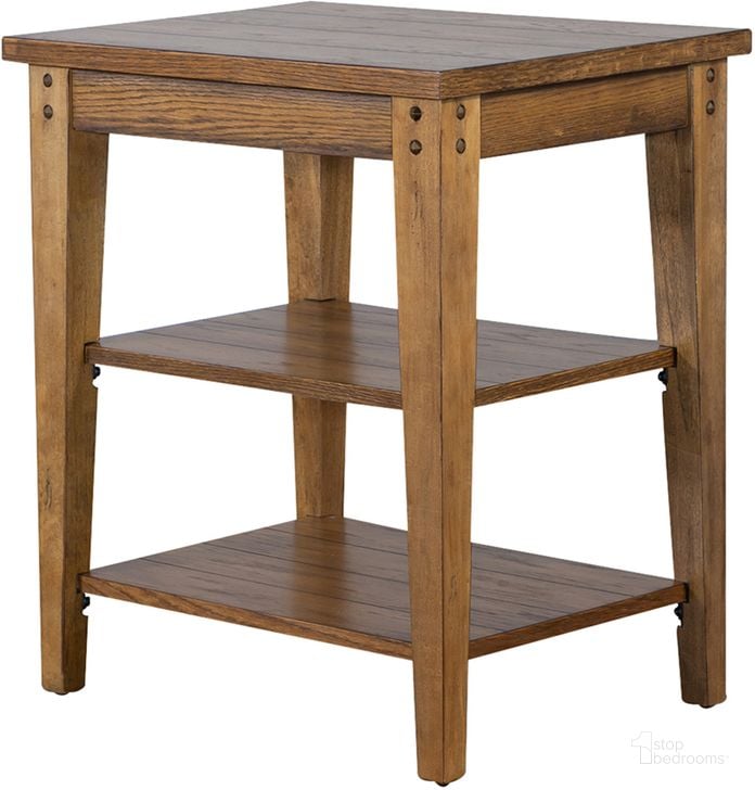 The appearance of Lake House Oak Tiered Table designed by Liberty in the transitional interior design. This oak piece of furniture  was selected by 1StopBedrooms from Lake House Collection to add a touch of cosiness and style into your home. Sku: 110-OT1022. Table Top Shape: Triangular. Material: Wood. Product Type: End Table. Image1