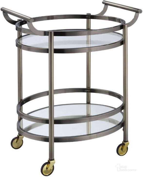 The appearance of Lakelyn Brushed Bronze and Clear Glass Serving Cart designed by ACME in the industrial interior design. This brown piece of furniture  was selected by 1StopBedrooms from Lakelyn Collection to add a touch of cosiness and style into your home. Sku: 98190. Material: Metal. Product Type: Serving Cart. Image1