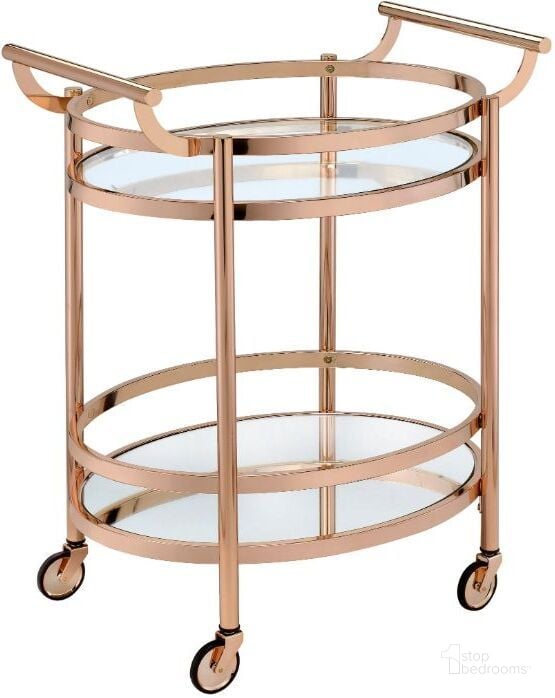 The appearance of Lakelyn Rose Gold and Clear Glass Serving Cart designed by ACME in the industrial interior design. This gold piece of furniture  was selected by 1StopBedrooms from Lakelyn Collection to add a touch of cosiness and style into your home. Sku: 98192. Material: Metal. Product Type: Serving Cart. Image1
