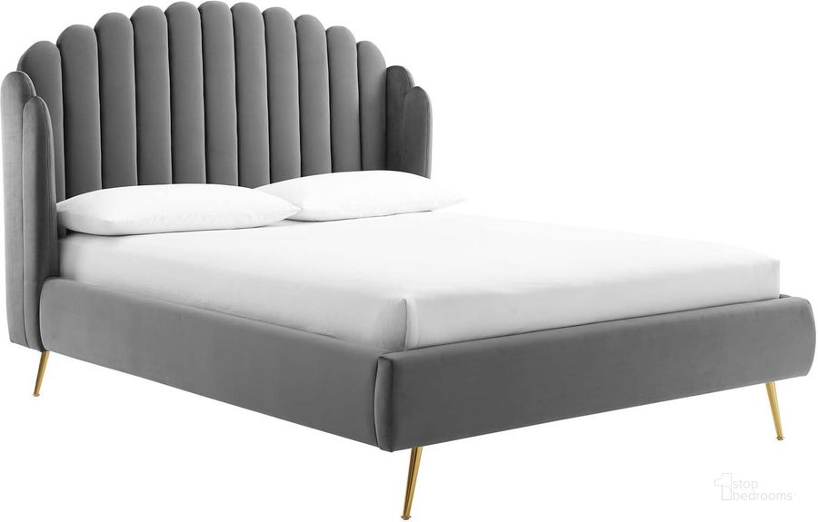 The appearance of Lana Queen Performance Velvet Wingback Platform Bed MOD-6282-GRY designed by Modway in the modern / contemporary interior design. This gray piece of furniture  was selected by 1StopBedrooms from Lana Collection to add a touch of cosiness and style into your home. Sku: MOD-6282-GRY. Bed Type: Platform Bed. Product Type: Platform Bed. Bed Size: Queen. Material: MDF. Image1