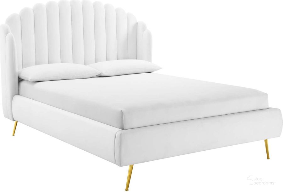 The appearance of Lana Queen Performance Velvet Wingback Platform Bed MOD-6282-WHI designed by Modway in the modern / contemporary interior design. This white piece of furniture  was selected by 1StopBedrooms from Lana Collection to add a touch of cosiness and style into your home. Sku: MOD-6282-WHI. Bed Type: Platform Bed. Product Type: Platform Bed. Bed Size: Queen. Material: MDF. Image1
