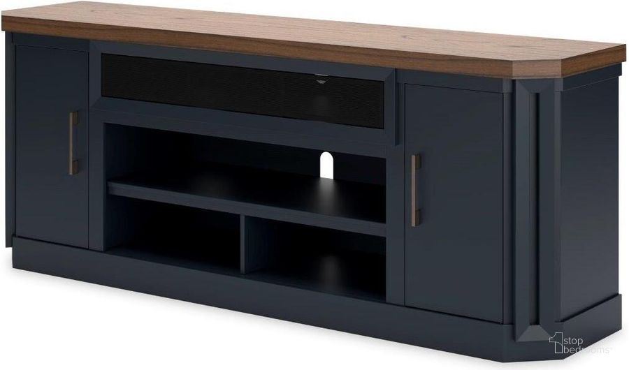 The appearance of Landocken Brown And Blue Xl Tv Stand With Fireplace Option designed by Signature Design by Ashley in the modern / contemporary interior design. This brown/blue piece of furniture  was selected by 1StopBedrooms from Landocken Collection to add a touch of cosiness and style into your home. Sku: W402-68. Material: Wood. Product Type: TV Stand. Image1
