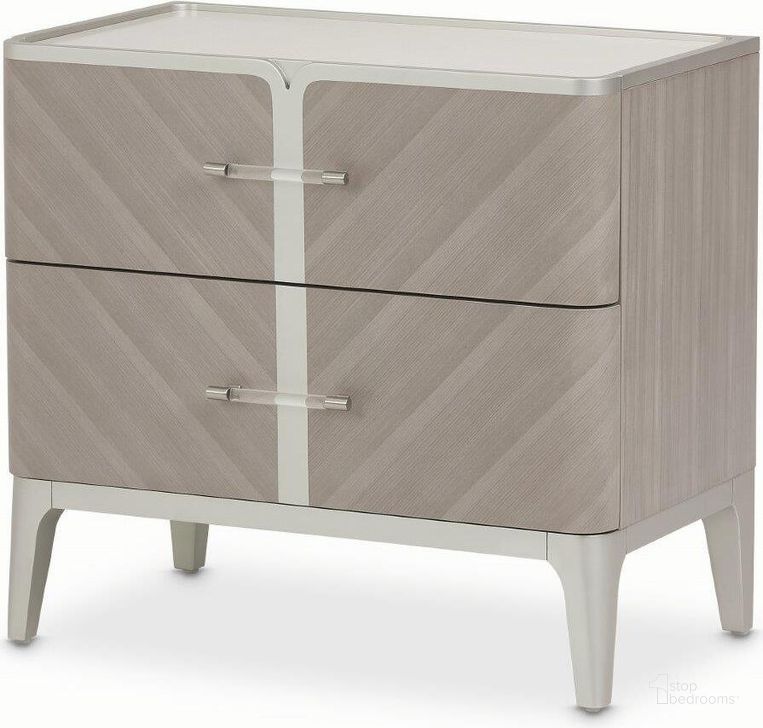 The appearance of Lanterna Nightstand In Silver Mist designed by AICO in the transitional interior design. This silver piece of furniture  was selected by 1StopBedrooms from Lanterna Collection to add a touch of cosiness and style into your home. Sku: N9032040-823. Material: Marble. Product Type: Nightstand. Image1