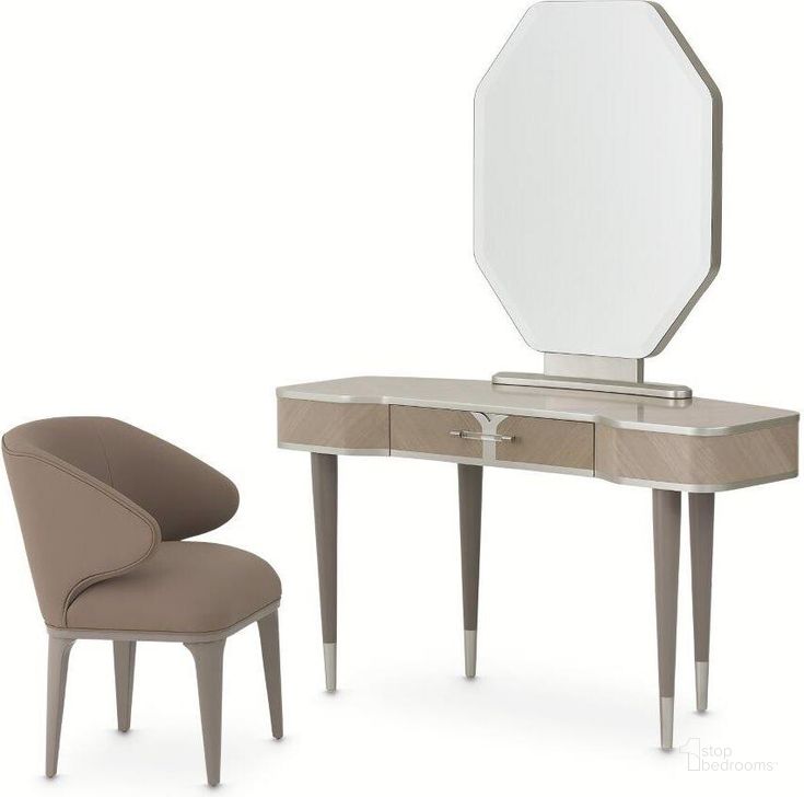 The appearance of Lanterna Vanity Set With Mirror And Chair In Silver Mist designed by AICO in the modern / contemporary interior design. This silver piece of furniture  was selected by 1StopBedrooms from Lanterna Collection to add a touch of cosiness and style into your home. Sku: 9032058-823;9032068-823;9032244-823. Material: Acrylic. Product Type: Vanity Set. Image1