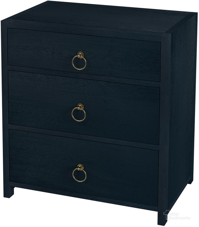 The appearance of Lark 3 Drawer Nightstand In Navy Blue designed by Butler Specialty Company in the modern / contemporary interior design. This navy blue piece of furniture  was selected by 1StopBedrooms from Lark Collection to add a touch of cosiness and style into your home. Sku: 5671291. Material: Wood. Product Type: Nightstand. Image1