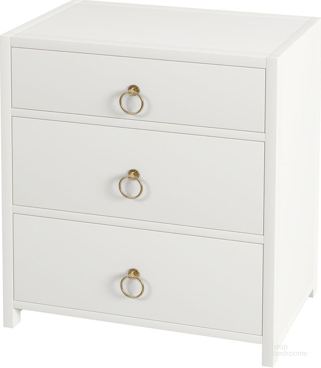 The appearance of Lark 3 Drawer Nightstand In White designed by Butler Specialty Company in the modern / contemporary interior design. This white piece of furniture  was selected by 1StopBedrooms from Lark Collection to add a touch of cosiness and style into your home. Sku: 5671304. Material: Wood. Product Type: Nightstand. Image1