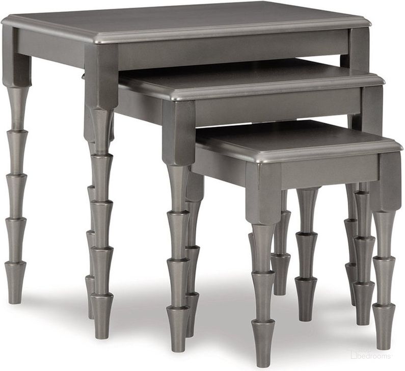 The appearance of Larkendale Metallic Gray Accent Table Set designed by Signature Design by Ashley in the modern / contemporary interior design. This metallic gray piece of furniture  was selected by 1StopBedrooms from Larkendale Collection to add a touch of cosiness and style into your home. Sku: A4000353. Material: Wood. Product Type: Accent Table. Image1