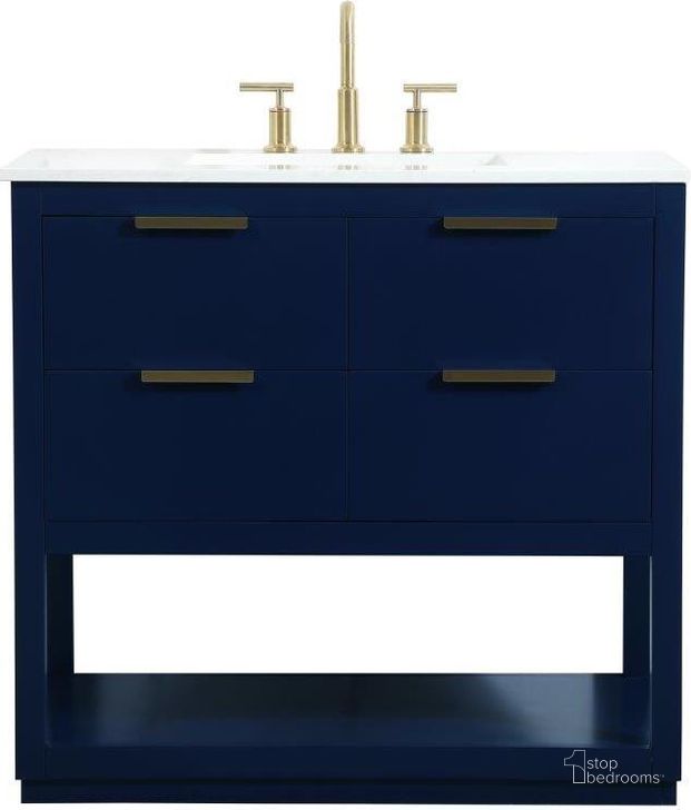 The appearance of Larkin 36 Inch Single Bathroom Vanity In Blue designed by Elegant Lighting in the transitional interior design. This blue piece of furniture  was selected by 1StopBedrooms from Larkin Collection to add a touch of cosiness and style into your home. Sku: VF19236BL. Material: Wood. Product Type: Bathroom Vanity. Image1
