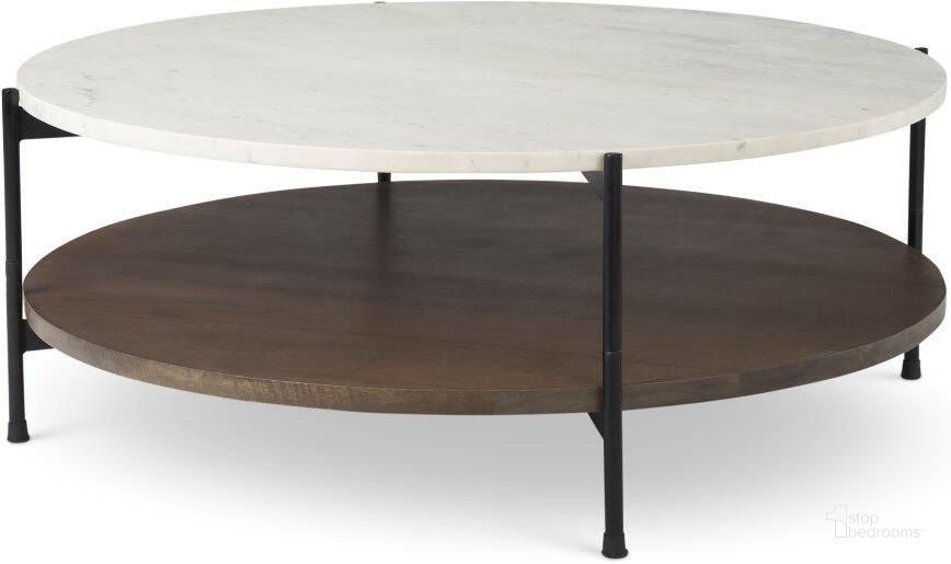 The appearance of Larkin 42 Inch Round Two-Tier White Marble Top And Solid Wood Shelf With Black Metal Frame Coffee Table designed by Mercana in the transitional interior design. This white and brown piece of furniture  was selected by 1StopBedrooms from Larkin Collection to add a touch of cosiness and style into your home. Sku: 69925-AB. Material: Wood. Product Type: Coffee Table. Image1