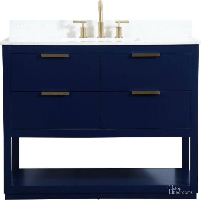 The appearance of Larkin 42 Inch Single Bathroom Vanity In Blue With Backsplash designed by Elegant Lighting in the transitional interior design. This blue piece of furniture  was selected by 1StopBedrooms from Larkin Collection to add a touch of cosiness and style into your home. Sku: VF19242BL-BS. Material: Wood. Product Type: Bathroom Vanity. Image1