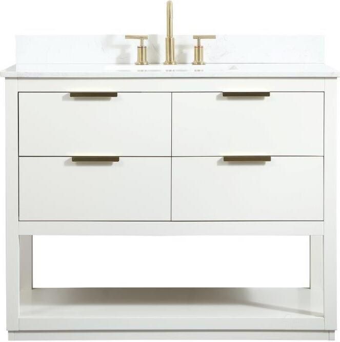 The appearance of Larkin 42 Inch Single Bathroom Vanity In White With Backsplash designed by Elegant Lighting in the transitional interior design. This white piece of furniture  was selected by 1StopBedrooms from Larkin Collection to add a touch of cosiness and style into your home. Sku: VF19242WH-BS. Material: Wood. Product Type: Bathroom Vanity. Image1
