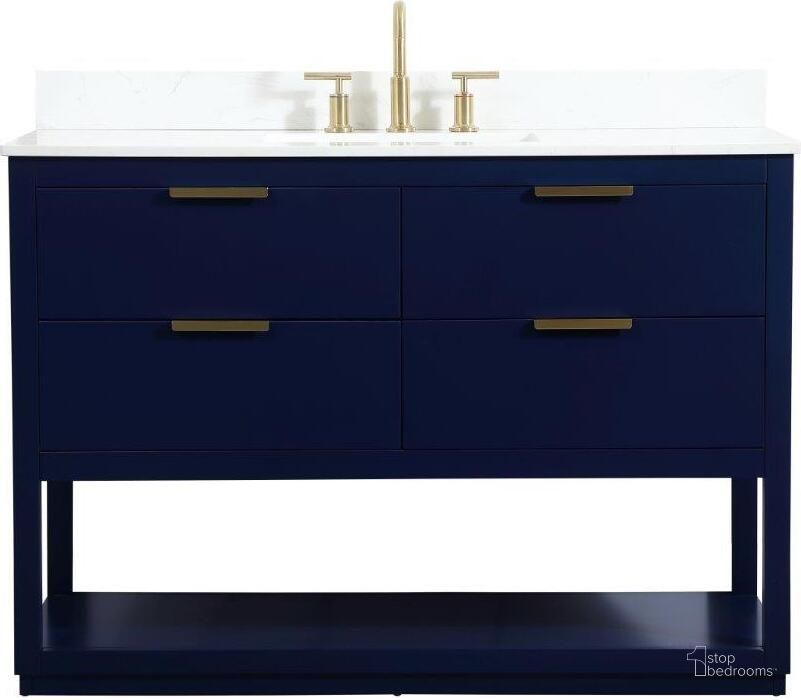 The appearance of Larkin 48 Inch Single Bathroom Vanity In Blue With Backsplash designed by Elegant Lighting in the transitional interior design. This blue piece of furniture  was selected by 1StopBedrooms from Larkin Collection to add a touch of cosiness and style into your home. Sku: VF19248BL-BS. Material: Wood. Product Type: Bathroom Vanity. Image1