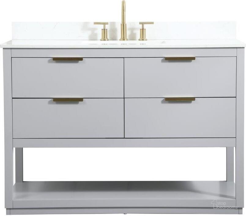 The appearance of Larkin 48 Inch Single Bathroom Vanity In Grey With Backsplash designed by Elegant Lighting in the transitional interior design. This grey piece of furniture  was selected by 1StopBedrooms from Larkin Collection to add a touch of cosiness and style into your home. Sku: VF19248GR-BS. Material: Wood. Product Type: Bathroom Vanity. Image1