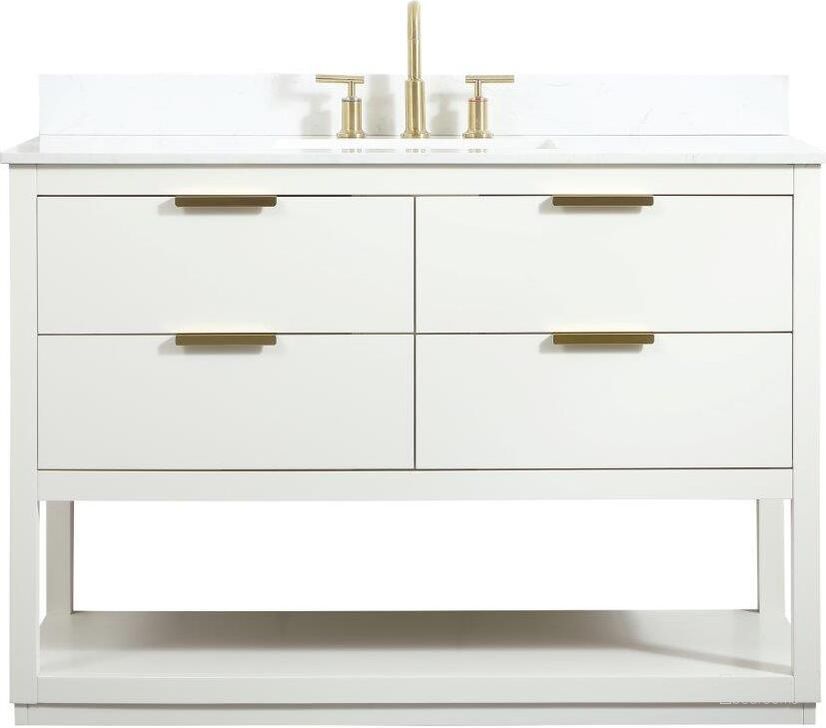 The appearance of Larkin 48 Inch Single Bathroom Vanity In White With Backsplash designed by Elegant Lighting in the transitional interior design. This white piece of furniture  was selected by 1StopBedrooms from Larkin Collection to add a touch of cosiness and style into your home. Sku: VF19248WH-BS. Material: Wood. Product Type: Bathroom Vanity. Image1