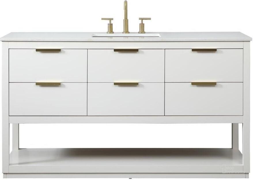 The appearance of Larkin 60 Inch Single Bathroom Vanity In White VF19260WH designed by Elegant Lighting in the transitional interior design. This white piece of furniture  was selected by 1StopBedrooms from Larkin Collection to add a touch of cosiness and style into your home. Sku: VF19260WH. Material: Wood. Product Type: Bathroom Vanity. Image1