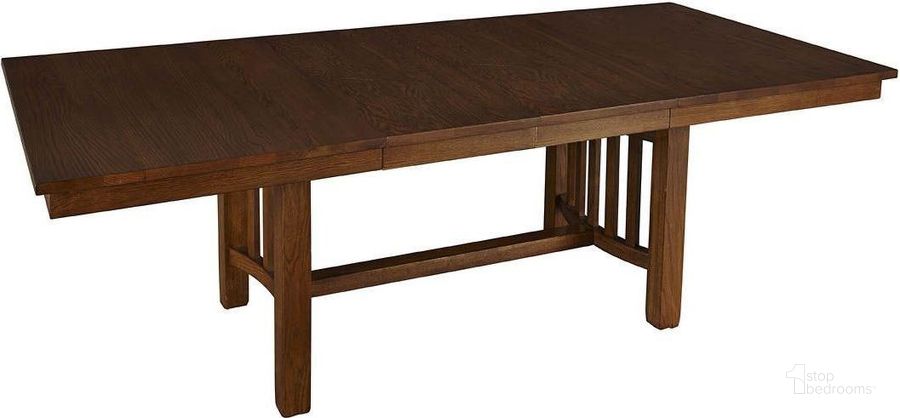 The appearance of Laurelhurst 92" Mission Oak Extendable Rectangular Trestle Dining Table designed by A-America in the transitional interior design. This brown piece of furniture  was selected by 1StopBedrooms from Laurelhurst Collection to add a touch of cosiness and style into your home. Sku: LAUOA632B;LAUOA632T. Table Base Style: Trestle. Material: Wood. Product Type: Dining Table. Table Top Shape: Rectangular. Image1