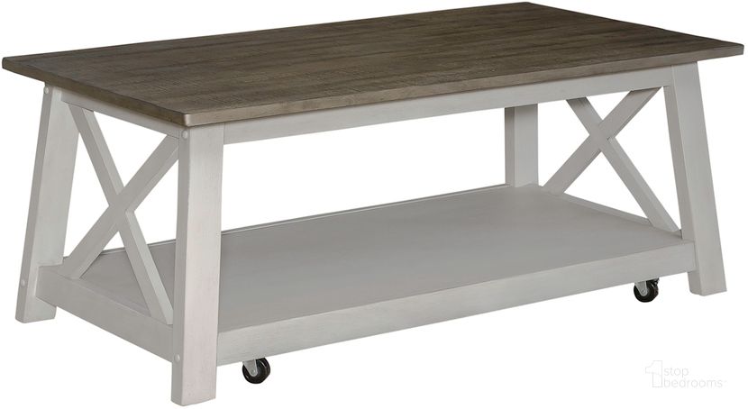 The appearance of Laurel Bluff Rectangular Cocktail Table designed by Liberty in the country / farmhouse interior design. This white and gray piece of furniture  was selected by 1StopBedrooms from Laurel Collection to add a touch of cosiness and style into your home. Sku: 810-OT1010. Product Type: Cocktail Table. Material: Rubberwood. Image1