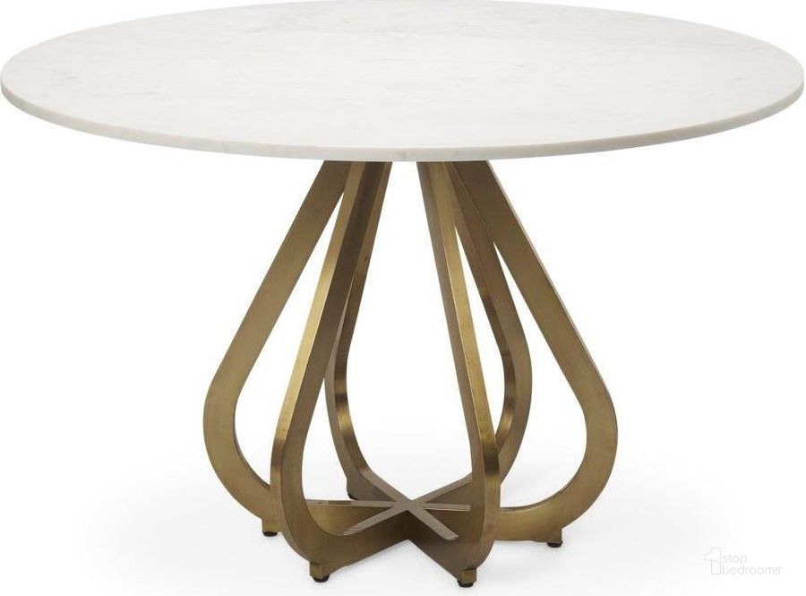 The appearance of Laurent 48 Inch Marble Top Gold Metal Base Dining Table designed by Mercana in the modern / contemporary interior design. This white and gold piece of furniture  was selected by 1StopBedrooms from Laurent Collection to add a touch of cosiness and style into your home. Sku: 68238-AB. Table Base Style: Pedestal. Table Top Shape: Round. Material: Metal. Product Type: Dining Table. Size: 48". Image1