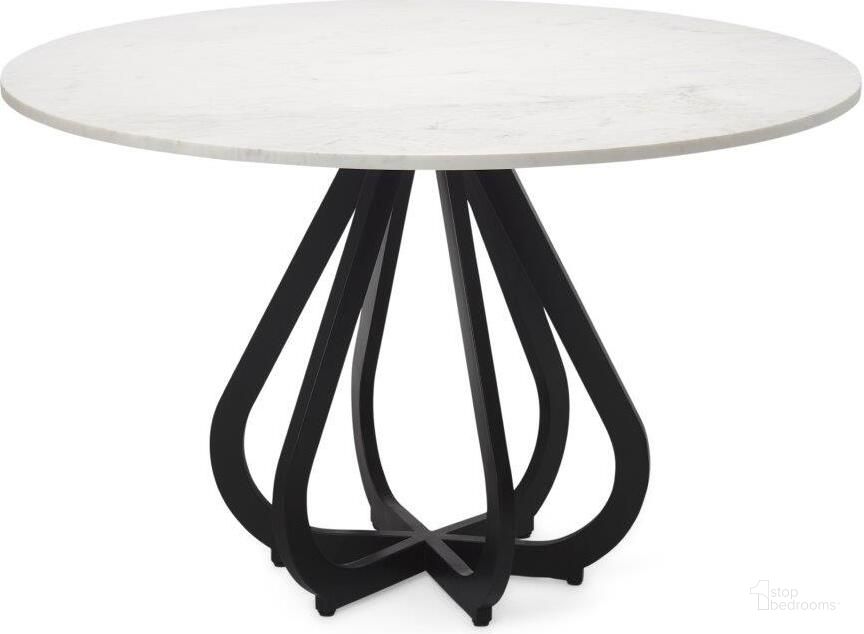The appearance of Laurent 48 Inch Round White Marble Top Black Base Dining Table designed by Mercana in the modern / contemporary interior design. This white and black piece of furniture  was selected by 1StopBedrooms from Laurent Collection to add a touch of cosiness and style into your home. Sku: 68237-AB. Table Base Style: Pedestal. Table Top Shape: Round. Material: Metal. Product Type: Dining Table. Image1