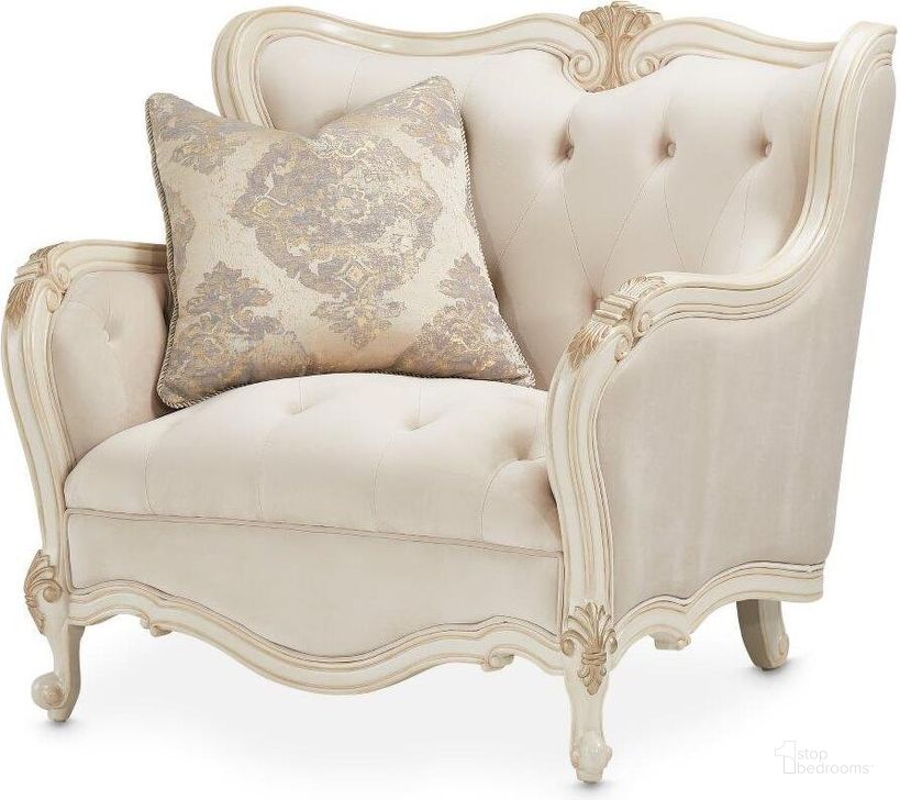 The appearance of Lavelle Classic Pearl Chair And A Half In Ivory designed by AICO in the traditional interior design. This ivory piece of furniture  was selected by 1StopBedrooms from Lavelle Classic Pearl Collection to add a touch of cosiness and style into your home. Sku: 54838-IVORY-113. Material: Polyester. Product Type: Chair. Image1