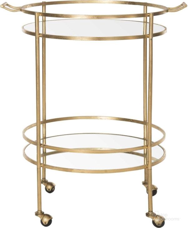 The appearance of Lavinia Gold Bar Cart designed by Safavieh in the modern / contemporary interior design. This gold piece of furniture  was selected by 1StopBedrooms from Lavinia Collection to add a touch of cosiness and style into your home. Sku: FOX2552B. Product Type: Bar Cart. Material: Iron. Image1
