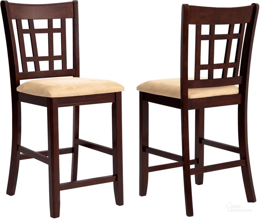 The appearance of Lavon Dark Cherry 24" Bar Stool Set of 2 designed by Coaster in the transitional interior design. This brown piece of furniture  was selected by 1StopBedrooms from Lavon Collection to add a touch of cosiness and style into your home. Sku: 100889N. Material: Fabric. Product Type: Barstool. Image1