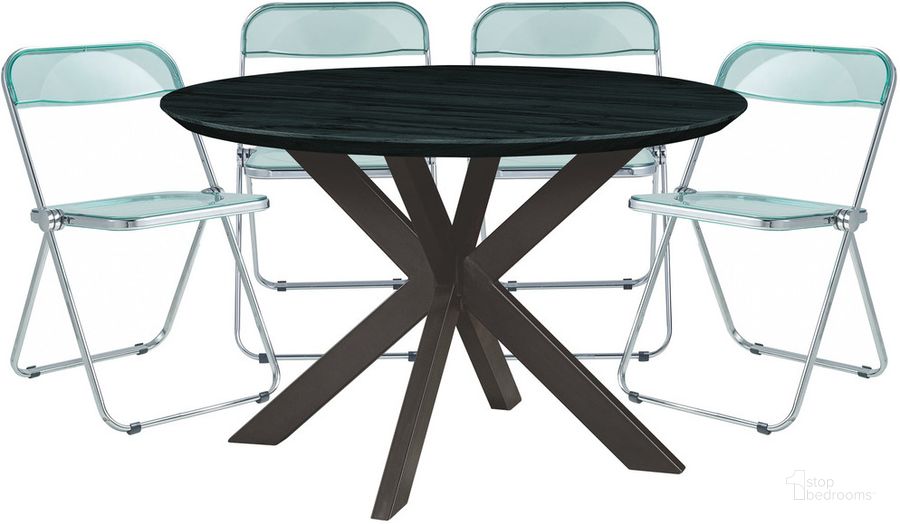 The appearance of Lawrence 5-Piece Acrylic Folding Dining Chair and Round Dining Table Set In Jade Green designed by LeisureMod in the modern / contemporary interior design. This jade green piece of furniture  was selected by 1StopBedrooms from Lawrence Collection to add a touch of cosiness and style into your home. Sku: LF19RTX47G4. Product Type: Dining Room Set. Material: Acrylic. Image1