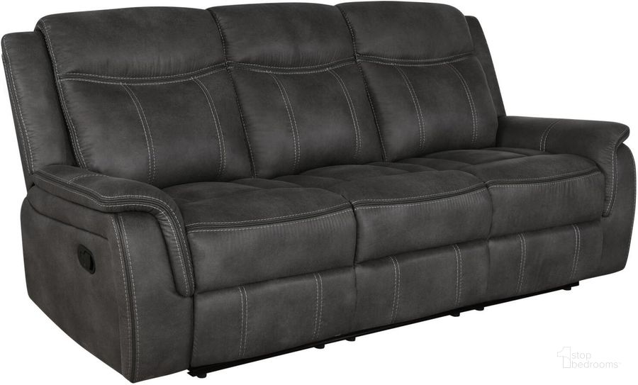 The appearance of Lawrence Charcoal Reclining Sofa designed by Coaster in the modern / contemporary interior design. This gray piece of furniture  was selected by 1StopBedrooms from Lawrence Collection to add a touch of cosiness and style into your home. Sku: 603504. Material: Wood. Product Type: Reclining Sofa. Image1