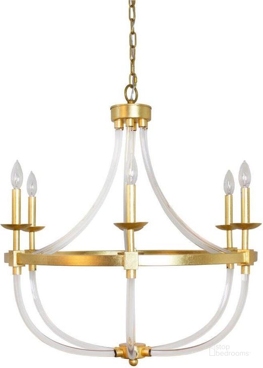 The appearance of Layla Acrylic Frame And Gold Leaf Details Six Light Chandelier designed by Worlds Away in the modern / contemporary interior design. This white and gold piece of furniture  was selected by 1StopBedrooms from Layla Collection to add a touch of cosiness and style into your home. Sku: LAYLA G. Material: Metal. Product Type: Chandelier.