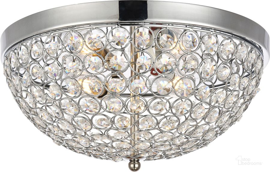 The appearance of Taye 13.5" Chrome 3 Light Flush Mount designed by Elegant Lighting in the modern / contemporary interior design. This chrome piece of furniture  was selected by 1StopBedrooms from Taye Collection to add a touch of cosiness and style into your home. Sku: LD5012F13C. Product Type: Flush Mount. Material: Crystal. Image1