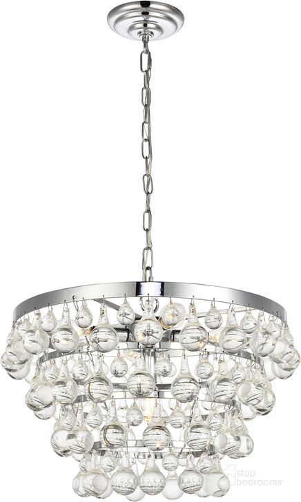 The appearance of Kora 17" Chrome 5 Light Pendant designed by Elegant Lighting in the glam interior design. This chrome piece of furniture  was selected by 1StopBedrooms from Kora Collection to add a touch of cosiness and style into your home. Sku: LD5016D17C. Product Type: Pendant Lighting. Material: Crystal. Image1