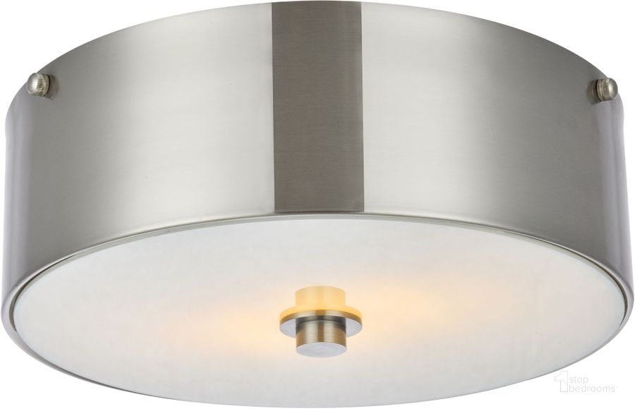 The appearance of Hazen 12" Burnished Nickel And White 2 Light Flush Mount designed by Elegant Lighting in the modern / contemporary interior design. This gray piece of furniture  was selected by 1StopBedrooms from Hazen Collection to add a touch of cosiness and style into your home. Sku: LD6025. Material: Metal. Product Type: Flush Mount. Image1