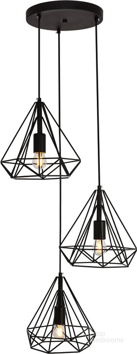 The appearance of Jago 18.1" Black 3 Light Pendant designed by Elegant Lighting in the modern / contemporary interior design. This black piece of furniture  was selected by 1StopBedrooms from Jago Collection to add a touch of cosiness and style into your home. Sku: LDPD2091. Material: Aluminum. Product Type: Pendant Lighting. Image1