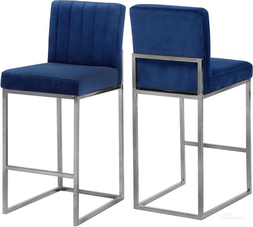 The appearance of Leaf Rapids Navy Velvet Barstool 0qb2337331 designed by Furnique in the modern / contemporary interior design. This navy piece of furniture  was selected by 1StopBedrooms from Leaf Rapids Collection to add a touch of cosiness and style into your home. Sku: 782Navy-C. Product Type: Barstool. Material: Velvet. Image1