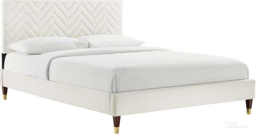 The appearance of Leah Chevron Tufted Performance Velvet Full Platform Bed In White MOD-6997-WHI designed by Modway in the transitional interior design. This white piece of furniture  was selected by 1StopBedrooms from Leah Collection to add a touch of cosiness and style into your home. Sku: MOD-6997-WHI. Bed Type: Platform Bed. Product Type: Platform Bed. Bed Size: Full. Material: Plywood. Image1
