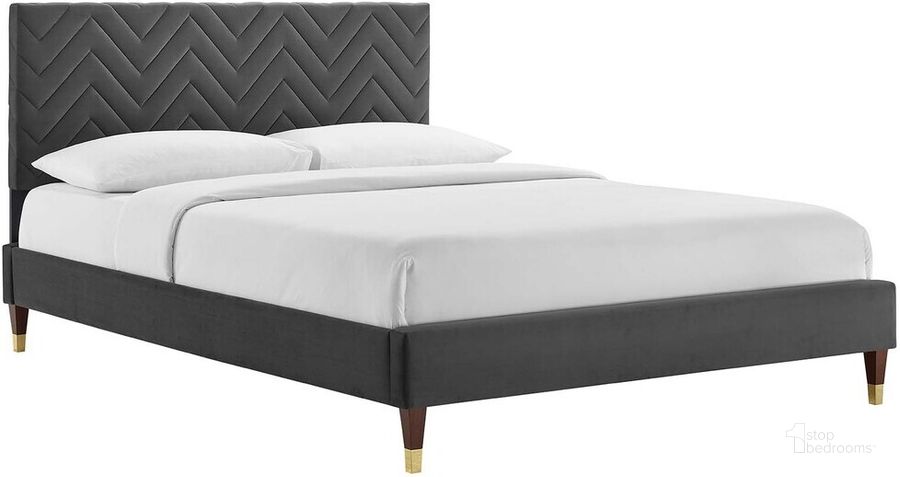 The appearance of Leah Chevron Tufted Performance Velvet King Platform Bed In Charcoal designed by Modway in the  interior design. This charcoal piece of furniture  was selected by 1StopBedrooms from Leah Collection to add a touch of cosiness and style into your home. Sku: MOD-7009-CHA. Bed Type: Platform Bed. Product Type: Platform Bed. Bed Size: King. Material: MDF. Image1