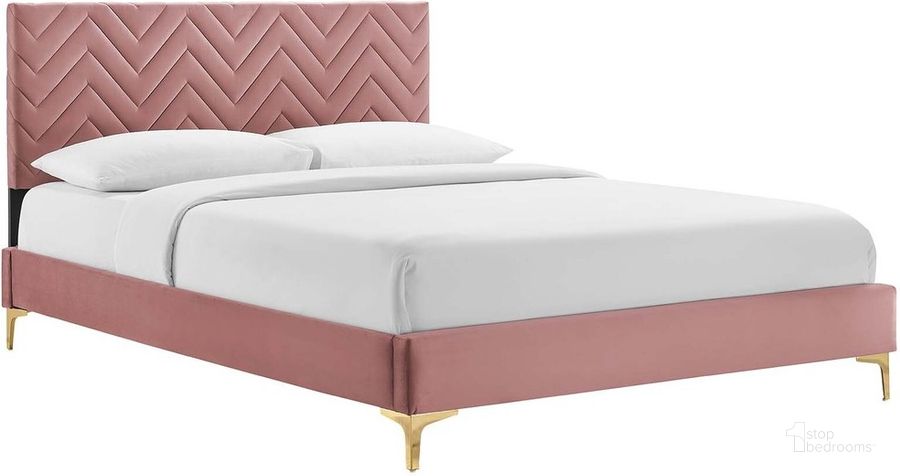 The appearance of Leah Chevron Tufted Performance Velvet King Platform Bed In Dusty Rose designed by Modway in the  interior design. This dusty rose piece of furniture  was selected by 1StopBedrooms from Leah Collection to add a touch of cosiness and style into your home. Sku: MOD-7005-DUS. Bed Type: Platform Bed. Product Type: Platform Bed. Bed Size: King. Material: MDF. Image1