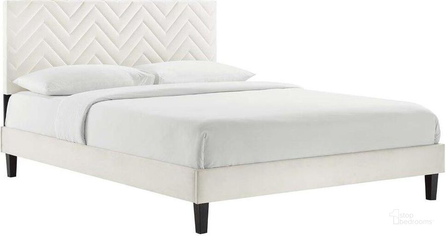 The appearance of Leah Chevron Tufted Performance Velvet King Platform Bed In White MOD-7013-WHI designed by Modway in the transitional interior design. This white piece of furniture  was selected by 1StopBedrooms from Leah Collection to add a touch of cosiness and style into your home. Sku: MOD-7013-WHI. Bed Type: Platform Bed. Product Type: Platform Bed. Bed Size: King. Material: Plywood. Image1