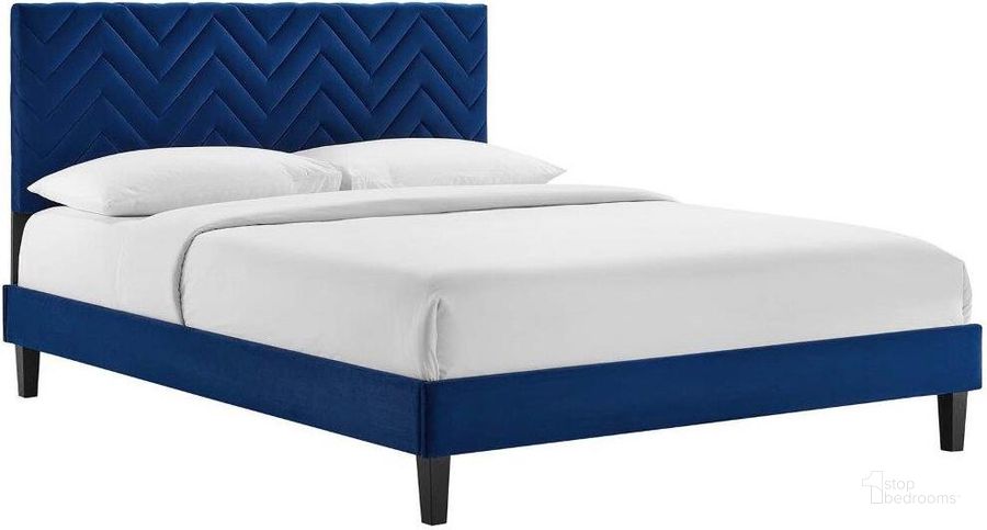 The appearance of Leah Chevron Tufted Performance Velvet Queen Platform Bed In Navy MOD-6973-NAV designed by Modway in the transitional interior design. This navy piece of furniture  was selected by 1StopBedrooms from Leah Collection to add a touch of cosiness and style into your home. Sku: MOD-6973-NAV. Bed Type: Platform Bed. Material: Fabric. Product Type: Platform Bed. Bed Size: Queen. Image1