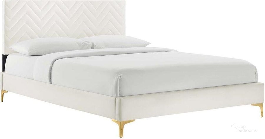 The appearance of Leah Chevron Tufted Performance Velvet Queen Platform Bed In White MOD-6977-WHI designed by Modway in the transitional interior design. This white piece of furniture  was selected by 1StopBedrooms from Leah Collection to add a touch of cosiness and style into your home. Sku: MOD-6977-WHI. Bed Type: Platform Bed. Product Type: Platform Bed. Bed Size: Queen. Material: Plywood. Image1