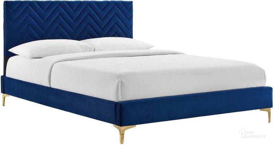 The appearance of Leah Chevron Tufted Performance Velvet Twin Platform Bed In Navy MOD-6981-NAV designed by Modway in the transitional interior design. This navy piece of furniture  was selected by 1StopBedrooms from Leah Collection to add a touch of cosiness and style into your home. Sku: MOD-6981-NAV. Bed Type: Platform Bed. Product Type: Platform Bed. Bed Size: Twin. Material: Plywood. Image1
